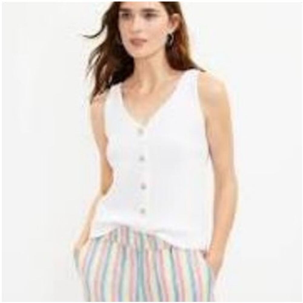 Loft Womens White Cotton Knit Sweater Tank V Neck Button Front Top Sz XXL